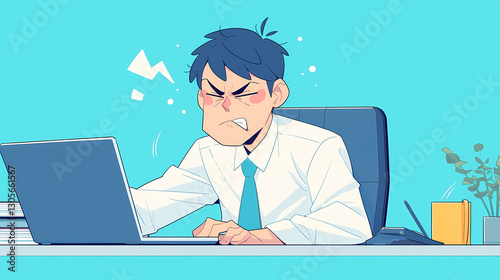 Frustrated office worker struggling with computer issues in a bright, modern workspace