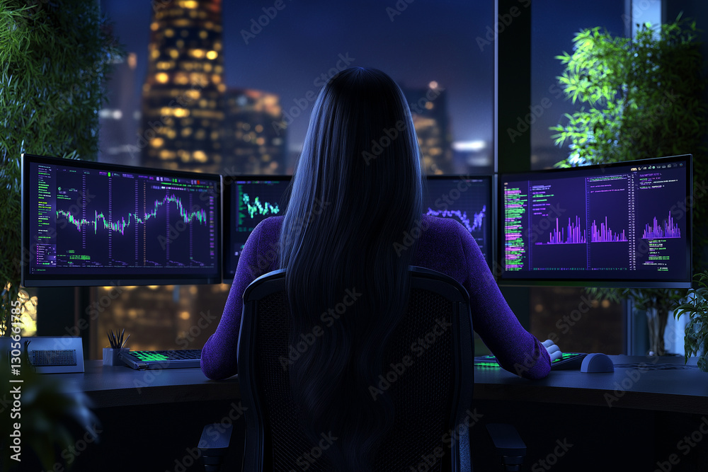 Financial Night Watch: A dedicated professional analyzes market data, her focus illuminated by the glow of multiple computer screens. Financial Night Watch: A dedicated professional analyzes market data, her focus illuminated by the glow of multiple computer screens.