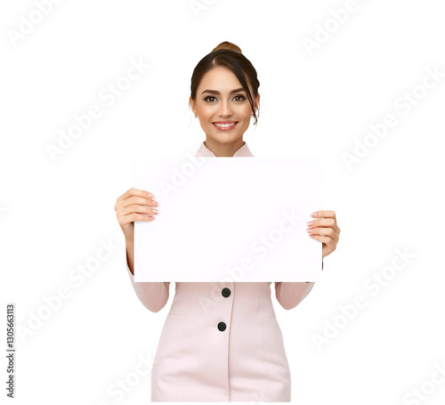 Beautiful female employee with brown  hair tied in a bun in a light elegant uniform holding a blank minimalist sign ideal for adding text. Isolated