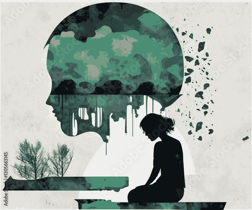Identity Mental Breakdown Major Depressive Disorder, sense of self-worth, loss of self-esteem, person sitting looking down and sad, cutout simple style vector graphic