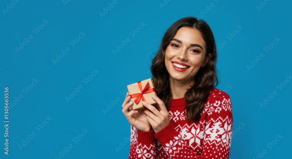 Smiling woman in festive sweater holding gift against blue background Smiling woman in festive sweater holding gift against blue background