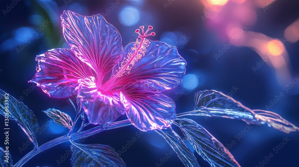 Obraz premium Glowing neon hibiscus flower with bokeh background.