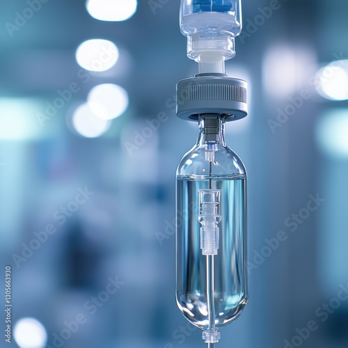 Close-up of an IV drip with clear fluid in a hospital setting