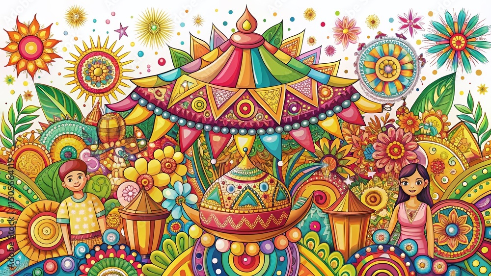 custom made wallpaper toronto digitalVibrant Hand-Drawn Festival Illustration, Intricate Pattern Background, Colorful Celebration Design