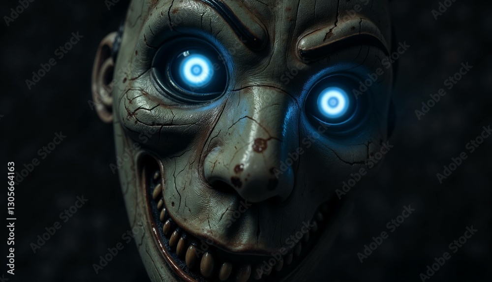 Creepy mask with glowing eyes against dark background Creepy mask with glowing eyes against dark background