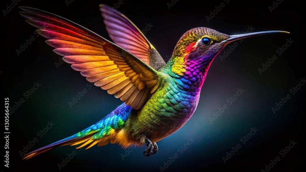 Fototapeta premium Vibrant Hummingbird Silhouette: Colorful Wings Outstretched Against Black Background