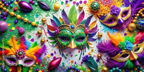 Vibrant Mardi Gras Aerial Pop Art Pattern: Festive Beads, Masks & Feathers