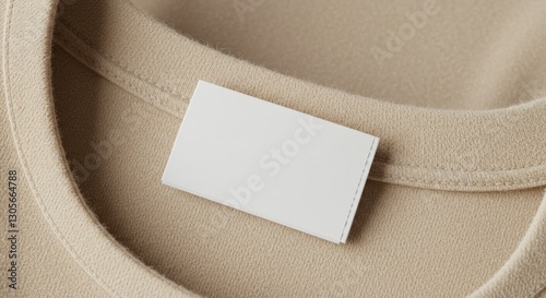 white label on  clothes on Biege shirt fabric texture background