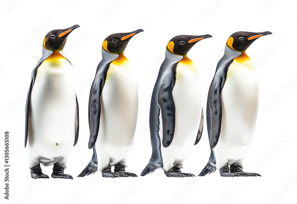 Fototapeta premium Penguins walking in a snowy landscape. Isolated on transparent background, png.