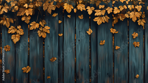 Dry fallen leaves painted with golden paint on a wooden fence, adding a touch of whimsy and charm, rustic charm, wooden fence, dry leaves. Whimsy - Carnival. Illustration