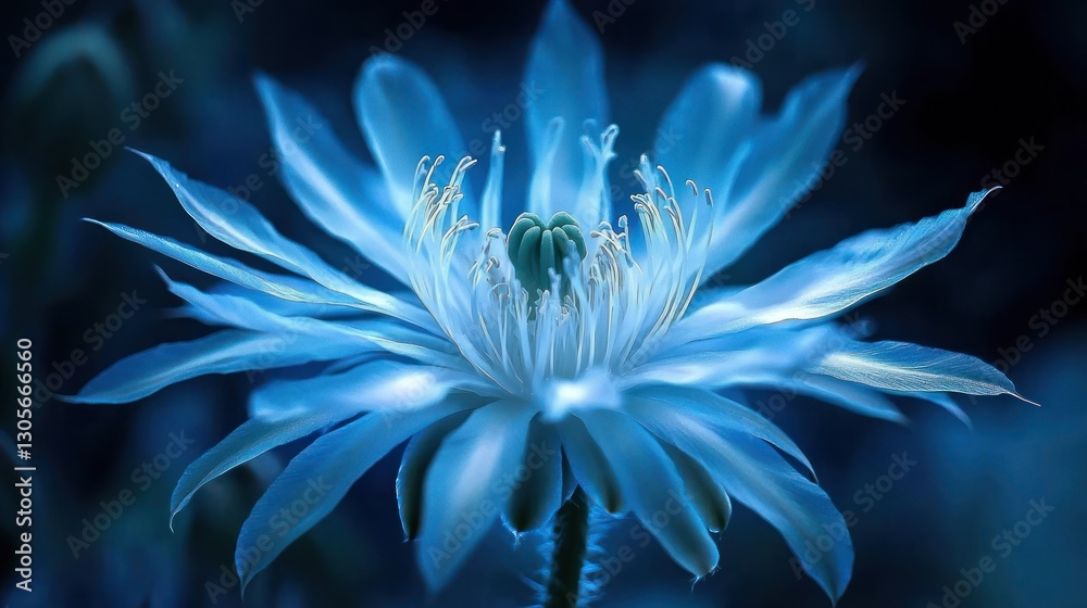 Fototapeta premium Glowing blue flower close-up at night.