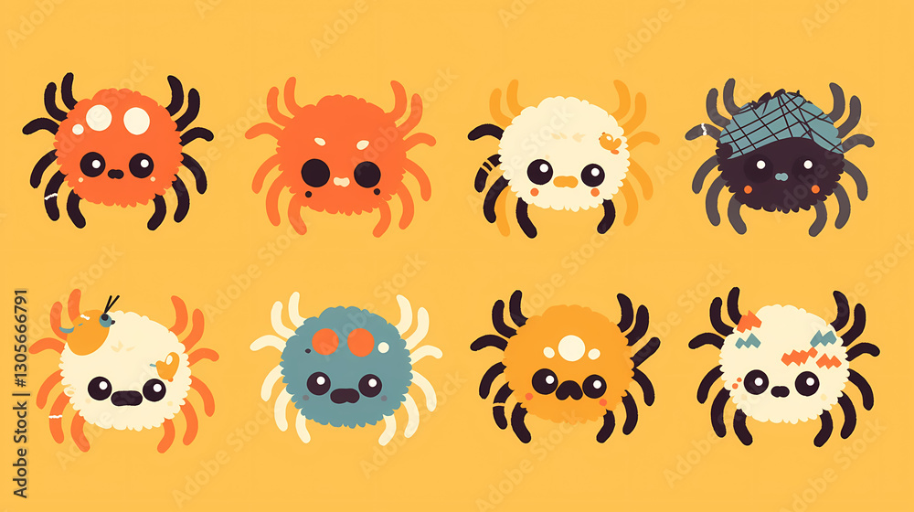 Fototapeta premium Colorful cartoon spiders with various expressions and accessories on a bright yellow background