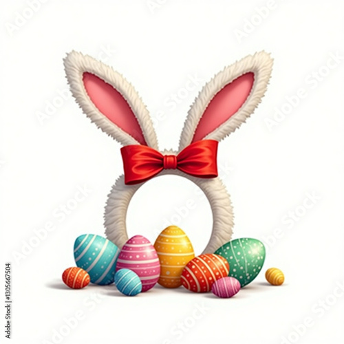 Vector illustration Happy easter day easter eggs colorful different and patterns texture and rabbit ears with red ribbon. isolated with a white background