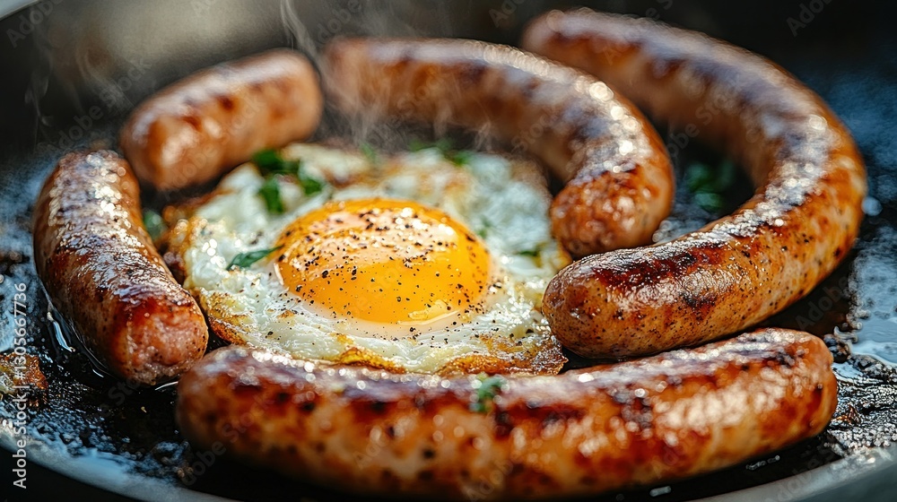 Fried Breakfast Sausages and Egg in Pan