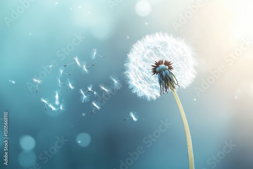 A beautiful white dandelion seed head and floating seeds