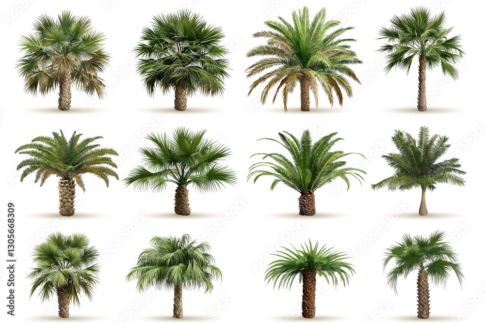 Fototapeta premium Collection of various palm tree species isolated on a white background, showcasing tropical nature, botanical diversity, and exotic plant beauty, Generative AI