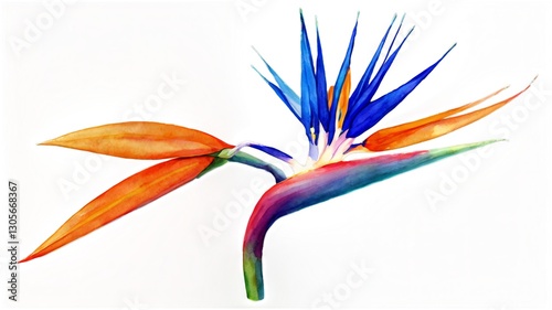 Hand-painted watercolor floral arrangement of Bird of Paradise with tropical leaves.