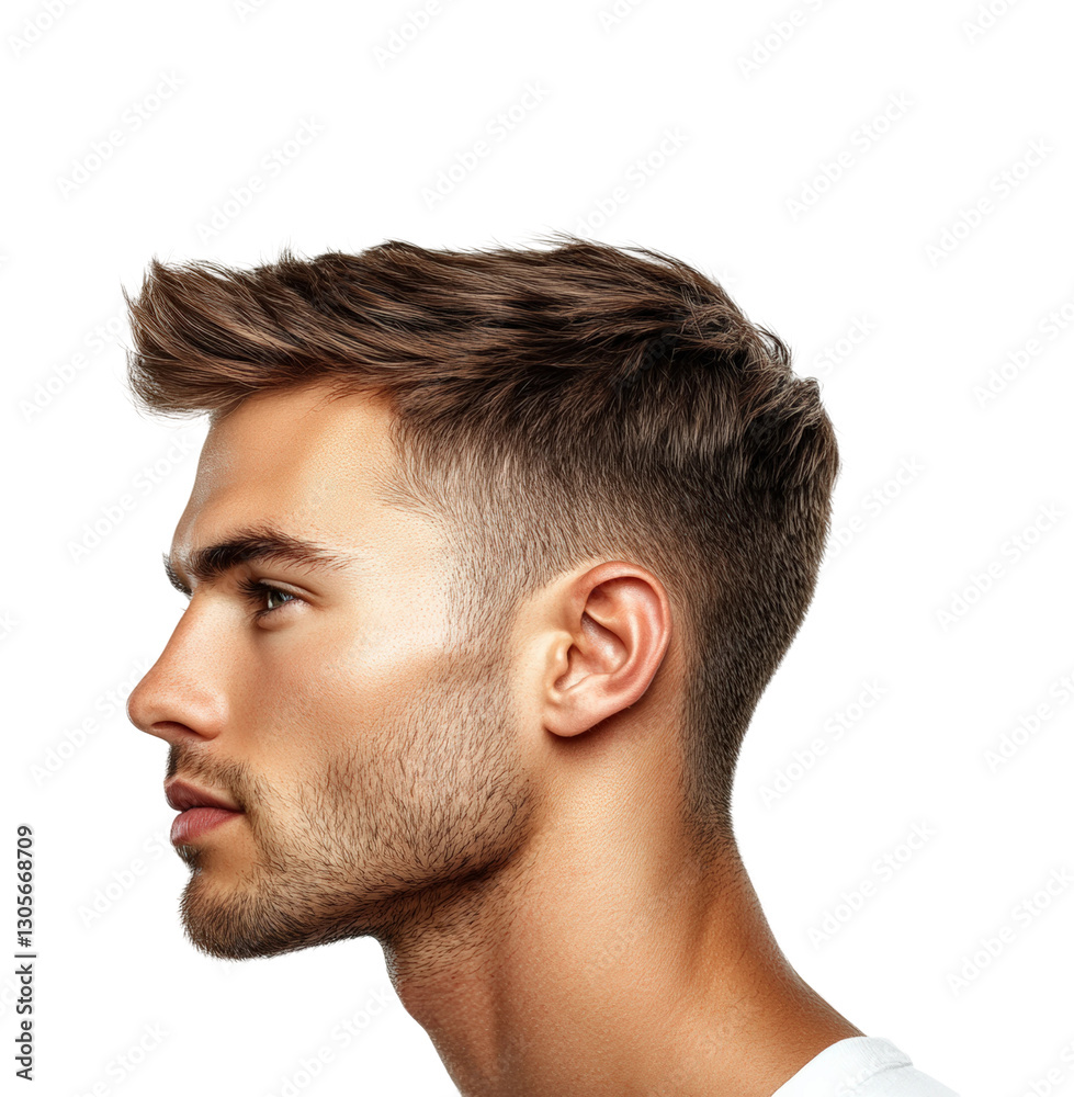 Obraz premium Men's haircut profile studio portrait. Isolated on transparent background, png.