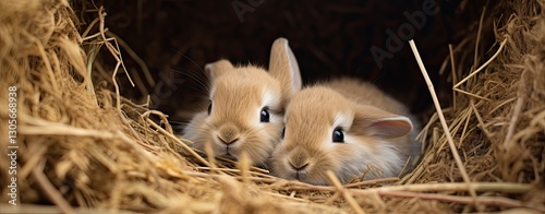 two Young rabbits without fur are resting in straw, fluffy eater concept