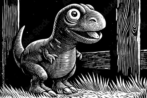 Tyrannosaurus dinosaur in forest black and white hand drawn sketch