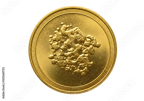 Realistic floating gold nugget on shiny golden coin with intricate details reflecting light and showcasing unique texture