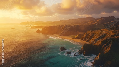 Aerial view of sunset over ocean coastline.