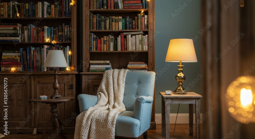 Cozy reading nook with armchair, knit blanket, and warm lighting in a home library
