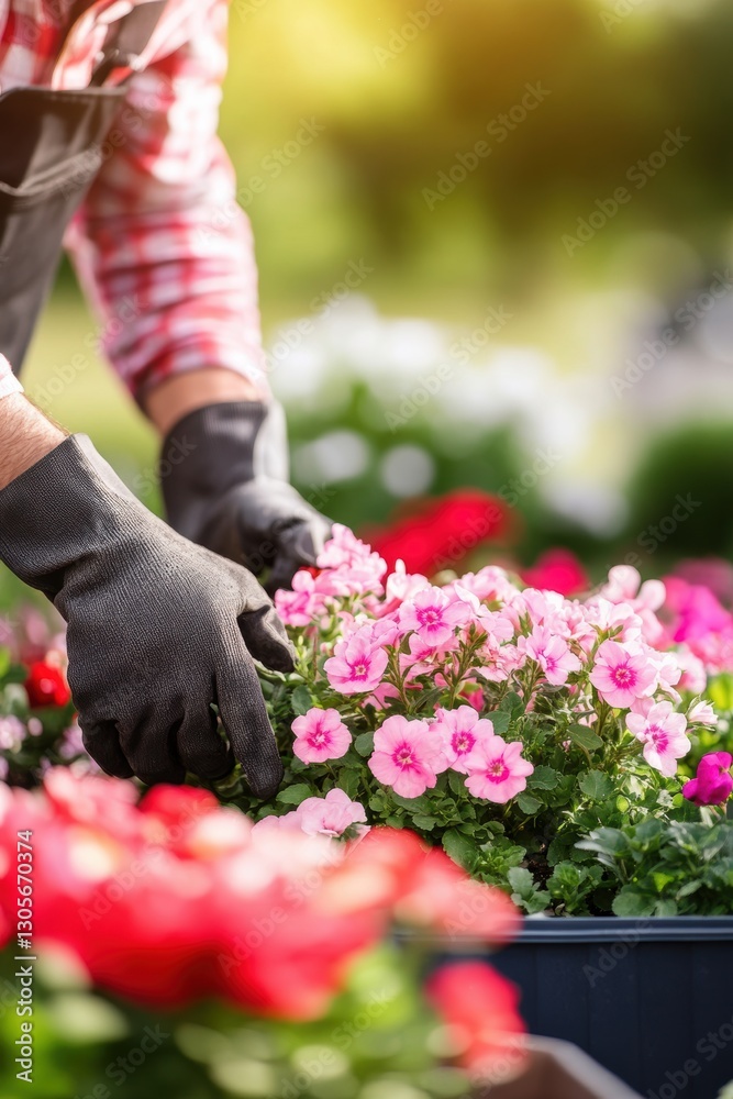 Fototapeta premium Closeup view of hands of gardener working in field planting flowers.