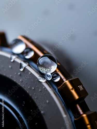 Close up of a gear with water droplets on it