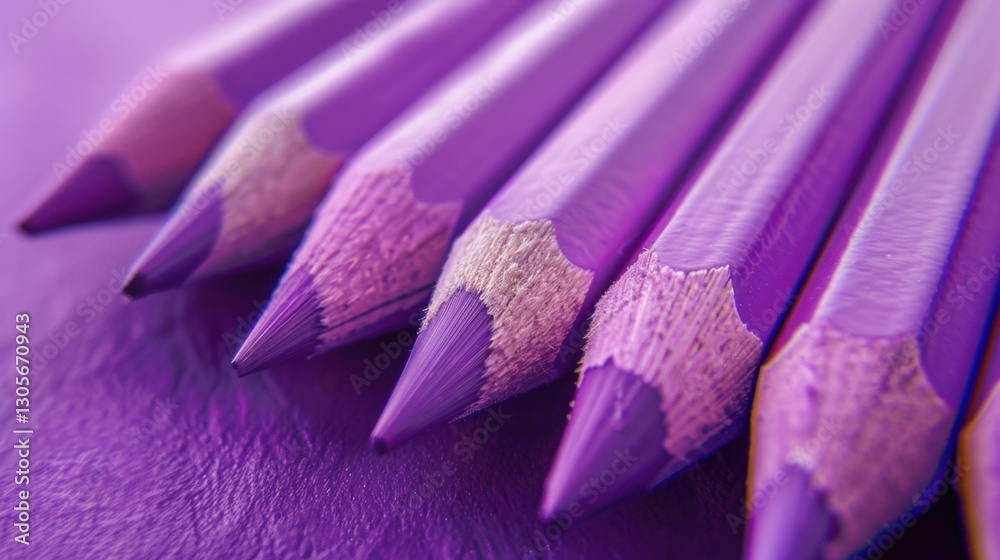 Close-up of bright purple crayons lined up diagonally on a matching purple surface. Close-up of bright purple crayons lined up diagonally on a matching purple surface.