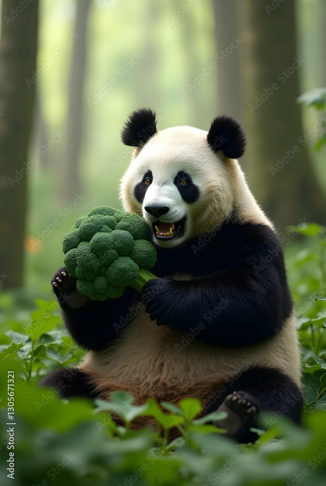 Obraz premium A playful panda sits amongst bamboo, holding a large broccoli floret, blending wildlife and healthy eating in a whimsical scene