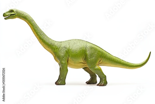 A well-worn plastic Diplodocus dinosaur toy prominently featured on a white background