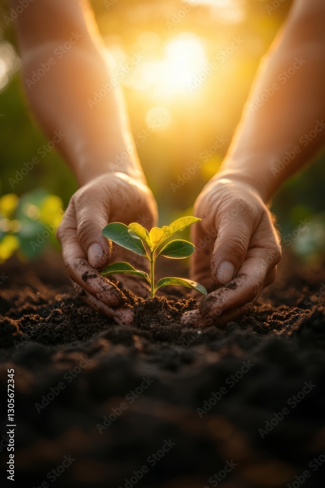 Fototapeta premium Closeup view of hands of gardener working in field planting flowers.