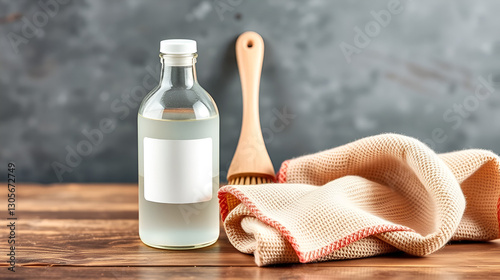 Eco cleaning tools and supplies, bottle with vinegar, wooden brush and reusable dishcloth