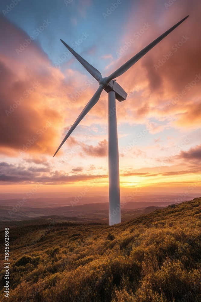 Obraz premium Sustainable Energy Wind Turbine Against Vibrant Sunset Sky with Dynamic Cloud Formation