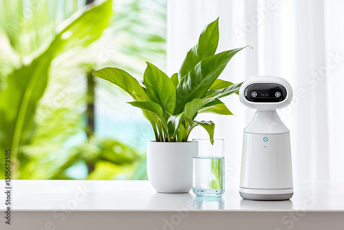 Robotic Companion at Home: A modern, friendly robot stands beside a potted plant and glass of water, set against a bright window, offering a vision of future home life.