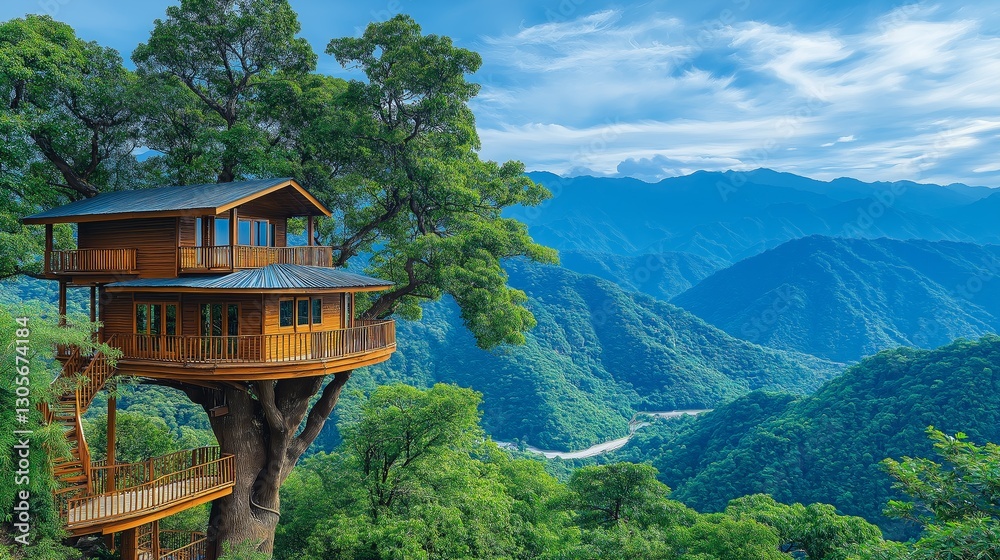 Fototapeta premium Charming rustic treehouse retreat perched in a scenic mountain forest, featuring a cozy wooden cabin with stunning panoramic views of the wilderness, Generative AI