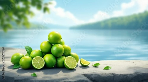 Fresh limes stacked on a stone by a lake. Outdoor scene.  Potential use Food photography photo