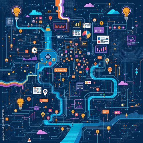 Futuristic Circuit Board Design with People and Icons for Qsecurity