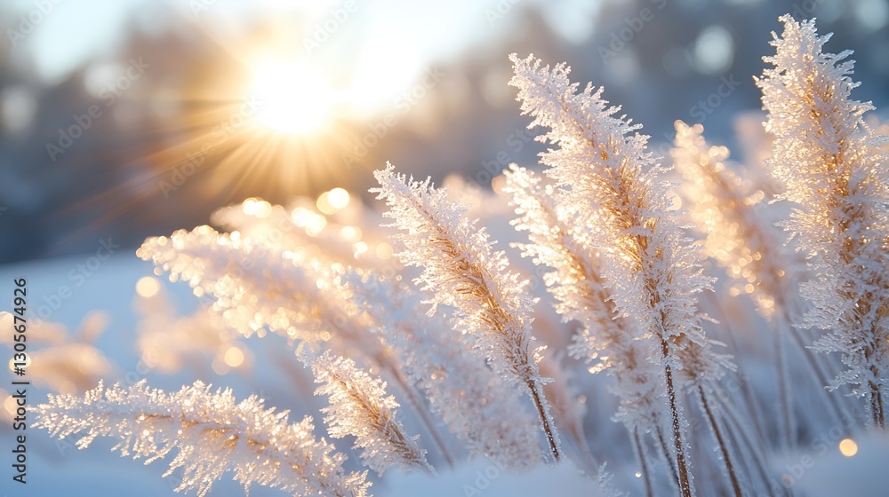 Naklejka premium Winter sunrise frosty grass, snow field, beautiful background, nature, stock image