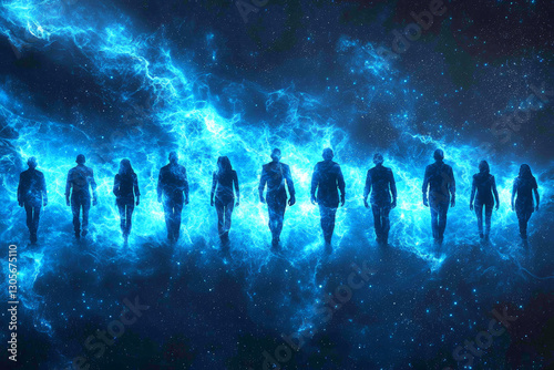 Surreal depiction of network of scientists walking through cosmic landscape, illuminated by blue energy and stars, creating sense of wonder and exploration
