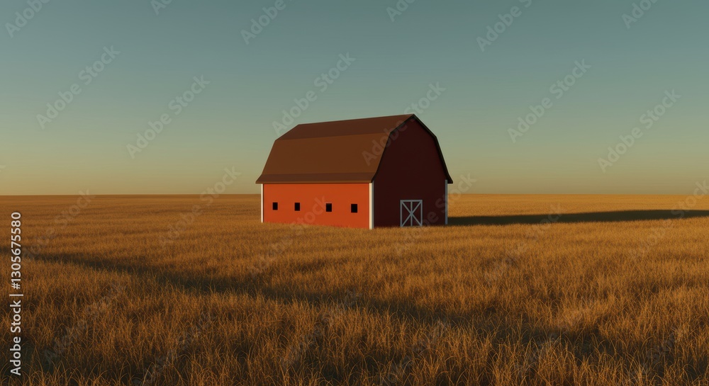Solitary red barn in expansive golden field amidst tranquil sunset sky Solitary red barn in expansive golden field amidst tranquil sunset sky