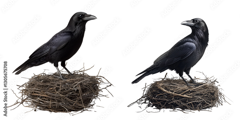 Fototapeta premium Majestic Black Ravens Perched on Nests Isolated on Transparent Background
