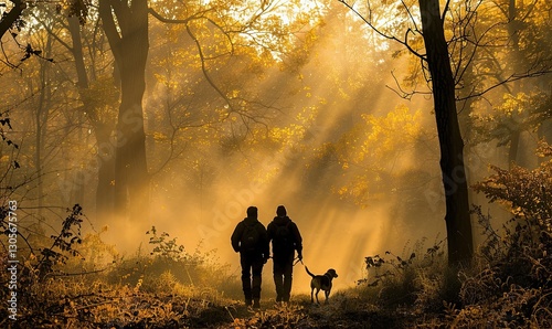 Wallpaper Mural On a misty morning at the forest's edge, hunters with their loyal dogs, armed with hunting gear, stand under the golden rays of autumn, their eyes fixed on their goal Torontodigital.ca