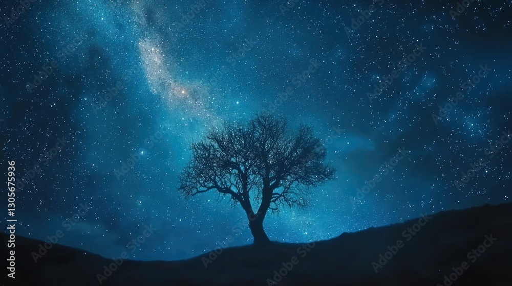 Lone tree silhouetted against a vibrant, starlit night sky featuring the Milky Way. Lone tree silhouetted against a vibrant, starlit night sky featuring the Milky Way.