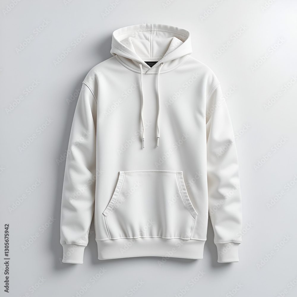 Minimalistic white hoodie with front pocket and drawstrings isolated on a white background. Perfect for fashion design and apparel projects. Minimalistic white hoodie with front pocket and drawstrings isolated on a white background. Perfect for fashion design and apparel projects.