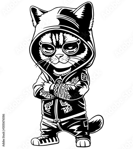 Stylish black and white vector illustration of a cool street cat wearing a hoodie and urban outfit. Perfect for tattoo designs, apparel prints, stickers, posters, and urban-themed artworks.
