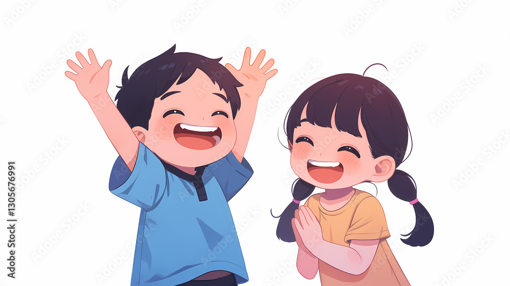 Two joyful children laughing and playing together in a bright, cheerful environment, conveying happiness Two joyful children laughing and playing together in a bright, cheerful environment, conveying happiness