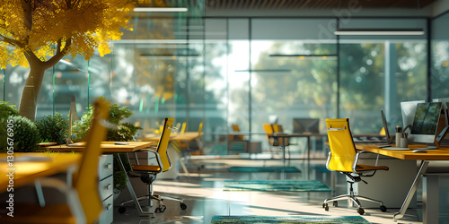 an office environment with modern desks and glass windows, plants, computers , sunlight , blur effect background , realistic landscapes , light yellow and white , green