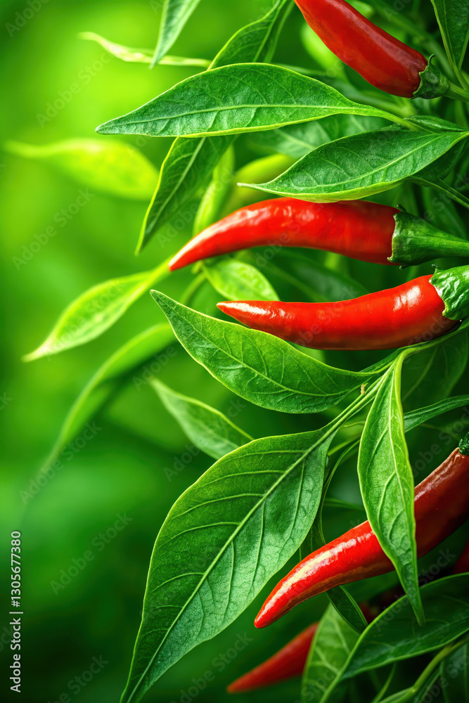 Red chili peppers growing on a plant with green leaves Red chili peppers growing on a plant with green leaves